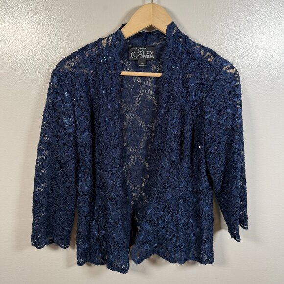 Alex Evenings Dress Jacket Size 8 Petite Navy Blue Sequin Lace Formal Wedding - Picture 10 of 11